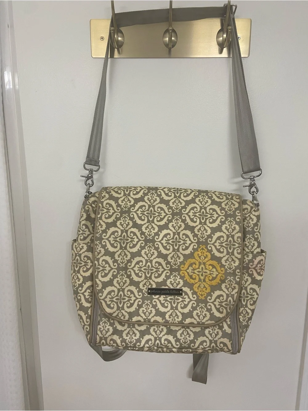 Petunia Pickle Bottom Gray & Cream Patterned Crossbody with Yellow Accent